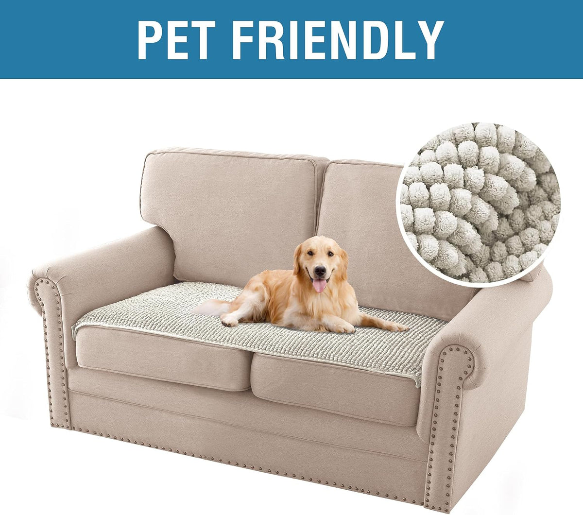 Plush Chenille Dog Bed Cover Thick Soft Sofa Cover for 3 Cushion Couch Anti Slip Couch Cover Furniture Protector for Dog, Pet, Cat (35" x 82", Ivory)