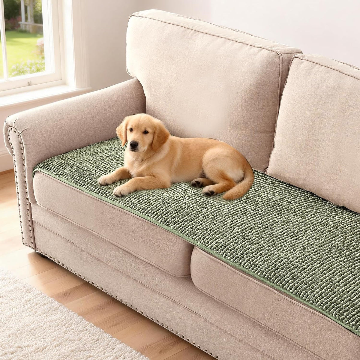 Plush Chenille Dog Bed Cover Thick Soft Sofa Cover for 3 Cushion Couch Anti Slip Couch Cover Furniture Protector for Dog, Pet, Cat (35" x 82", Ivory)