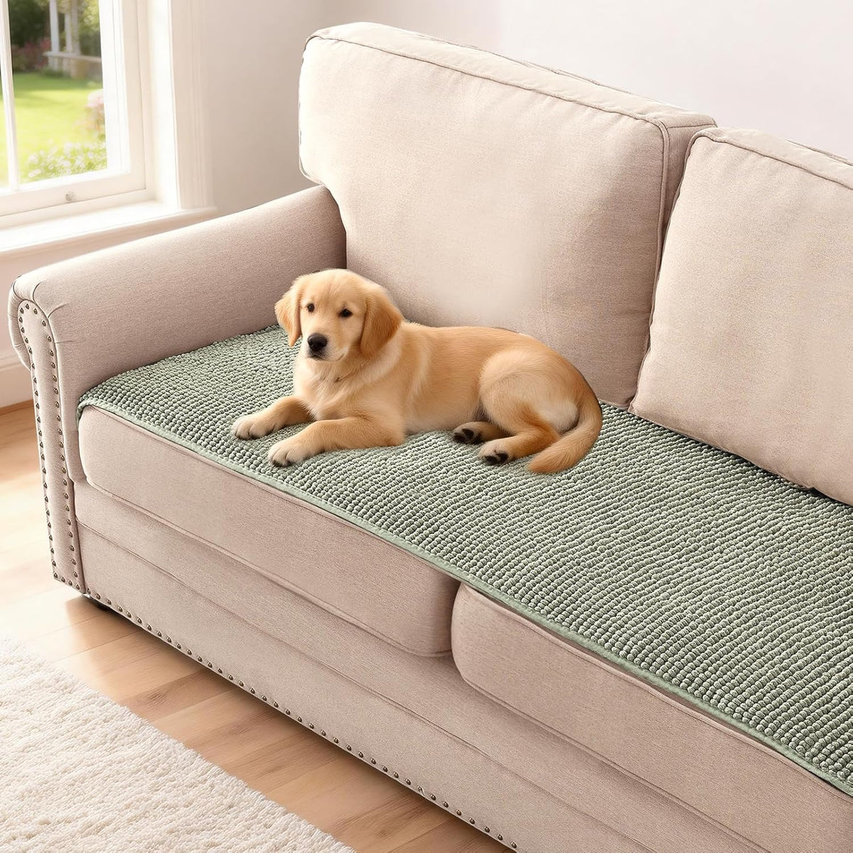 Plush Chenille Dog Bed Cover Thick Soft Sofa Cover for 3 Cushion Couch Anti Slip Couch Cover Furniture Protector for Dog, Pet, Cat (35" x 82", Ivory)