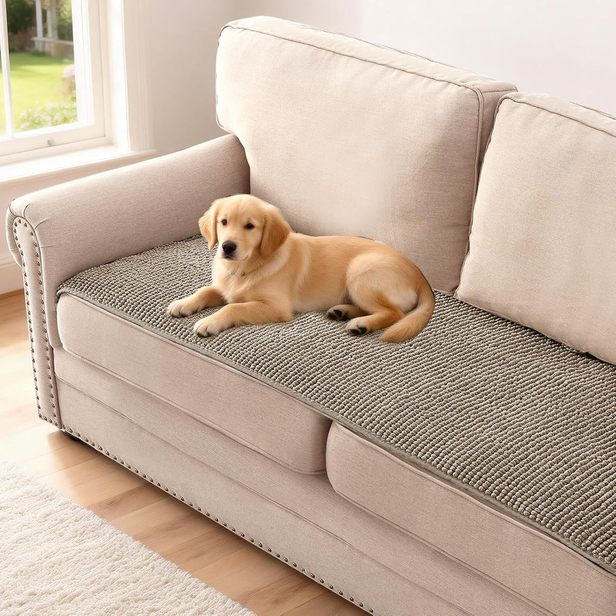 Plush Chenille Dog Bed Cover Thick Soft Sofa Cover for 3 Cushion Couch Anti Slip Couch Cover Furniture Protector for Dog, Pet, Cat (35" x 82", Ivory)