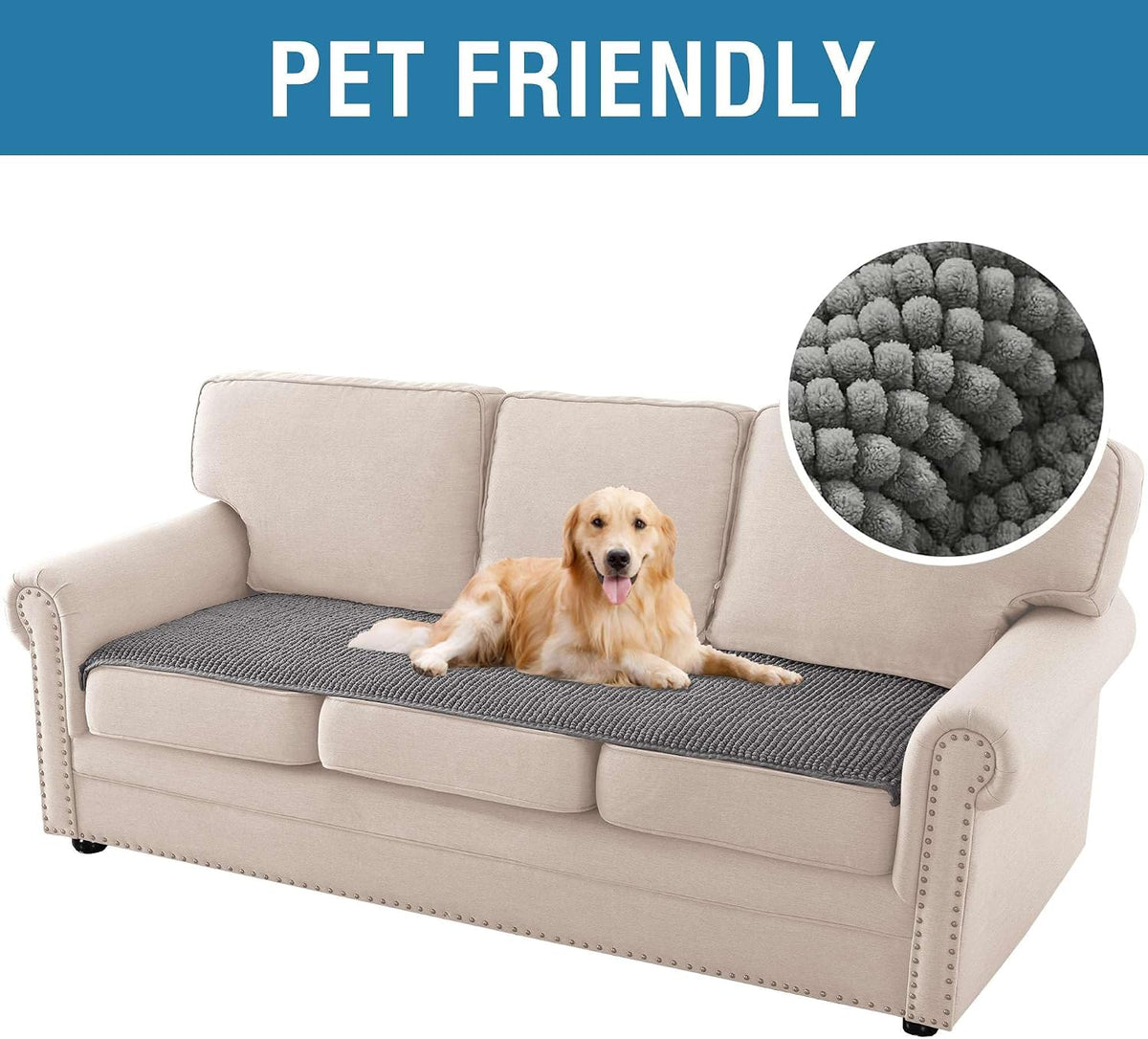 Plush Chenille Dog Bed Cover Thick Soft Sofa Cover for 3 Cushion Couch Anti Slip Couch Cover Furniture Protector for Dog, Pet, Cat (35" x 82", Ivory)