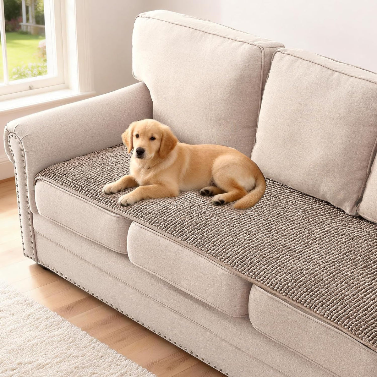 Plush Chenille Dog Bed Cover Thick Soft Sofa Cover for 3 Cushion Couch Anti Slip Couch Cover Furniture Protector for Dog, Pet, Cat (35" x 82", Ivory)