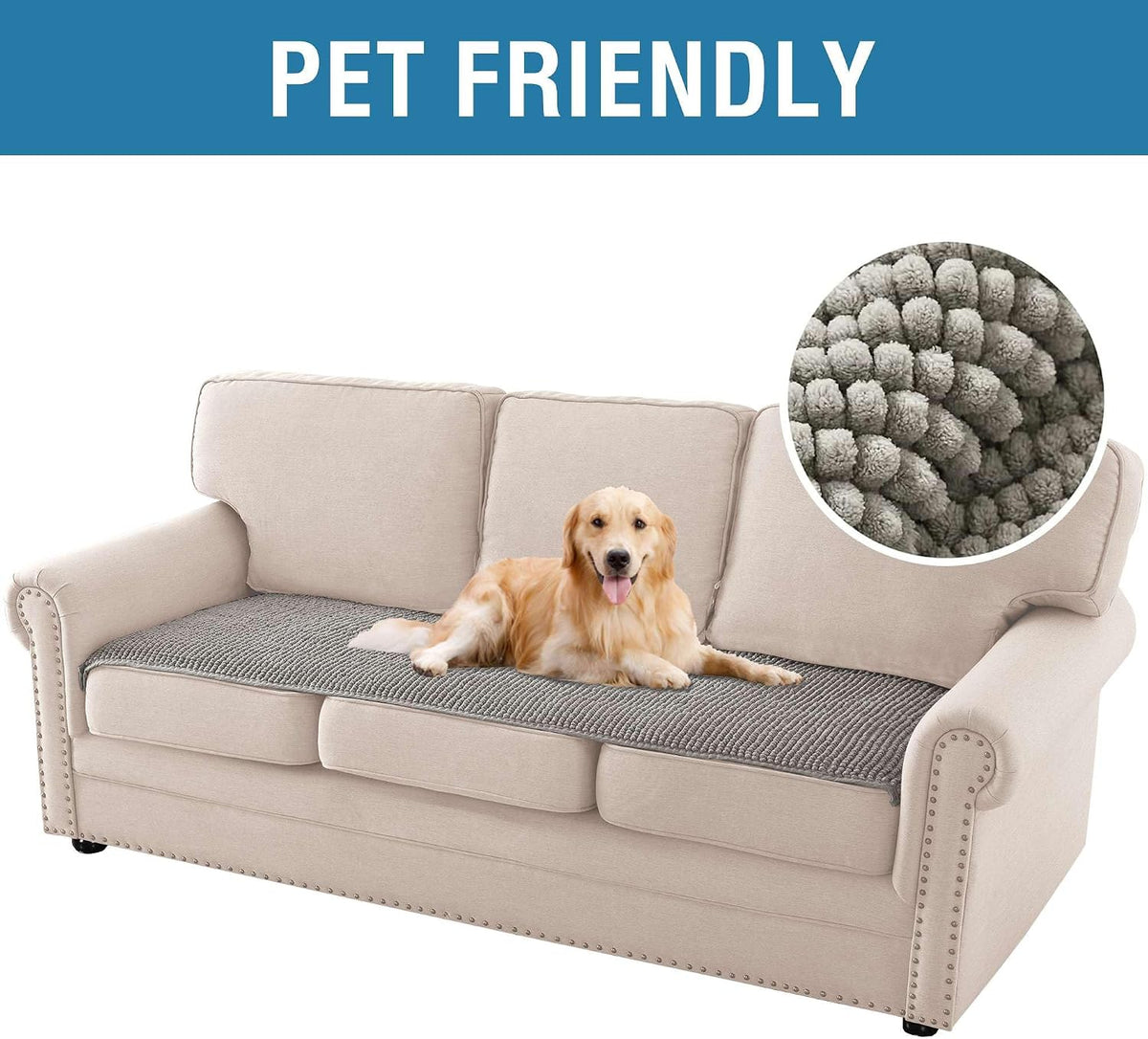 Plush Chenille Dog Bed Cover Thick Soft Sofa Cover for 3 Cushion Couch Anti Slip Couch Cover Furniture Protector for Dog, Pet, Cat (35" x 82", Ivory)
