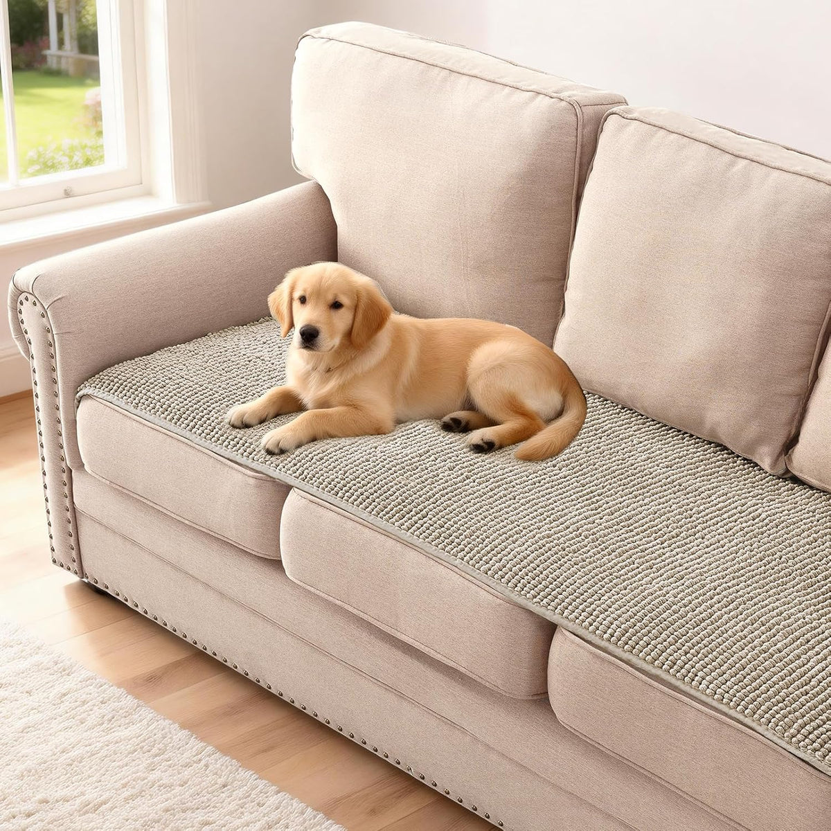 Plush Chenille Dog Bed Cover Thick Soft Sofa Cover for 3 Cushion Couch Anti Slip Couch Cover Furniture Protector for Dog, Pet, Cat (35" x 82", Ivory)