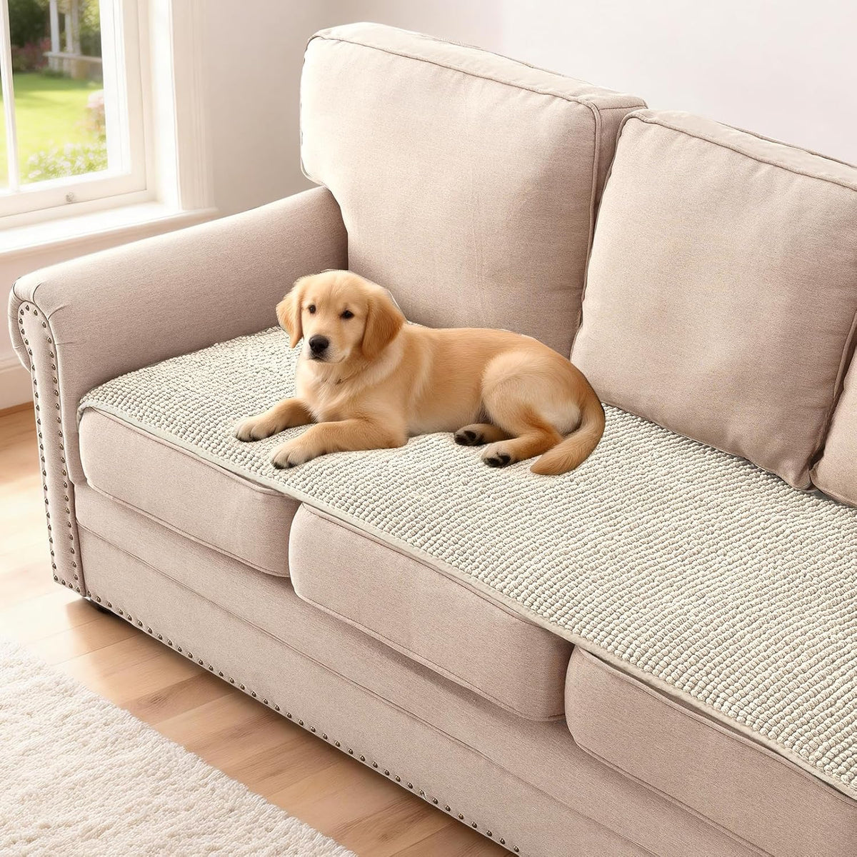 Plush Chenille Dog Bed Cover Thick Soft Sofa Cover for 3 Cushion Couch Anti Slip Couch Cover Furniture Protector for Dog, Pet, Cat (35" x 82", Ivory)