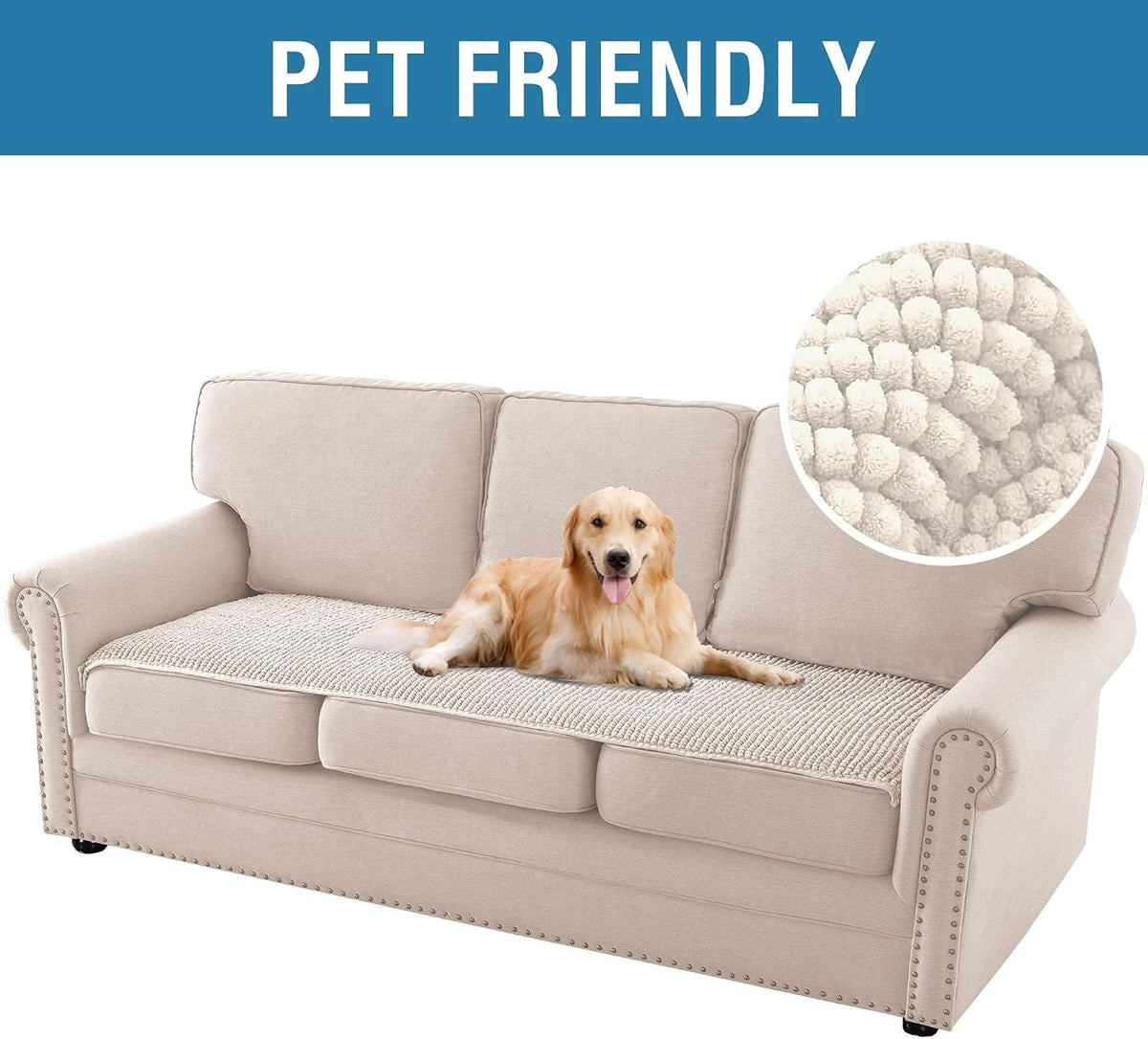 Plush Chenille Dog Bed Cover Thick Soft Sofa Cover for 3 Cushion Couch Anti Slip Couch Cover Furniture Protector for Dog, Pet, Cat (35" x 82", Ivory)