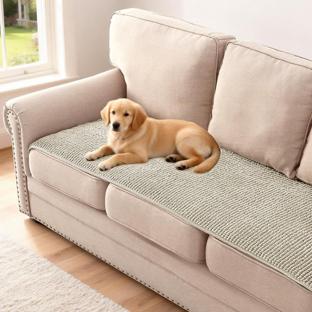 Plush Chenille Dog Bed Cover Thick Soft Sofa Cover for 3 Cushion Couch Anti Slip Couch Cover Furniture Protector for Dog, Pet, Cat (35" x 82", Ivory)
