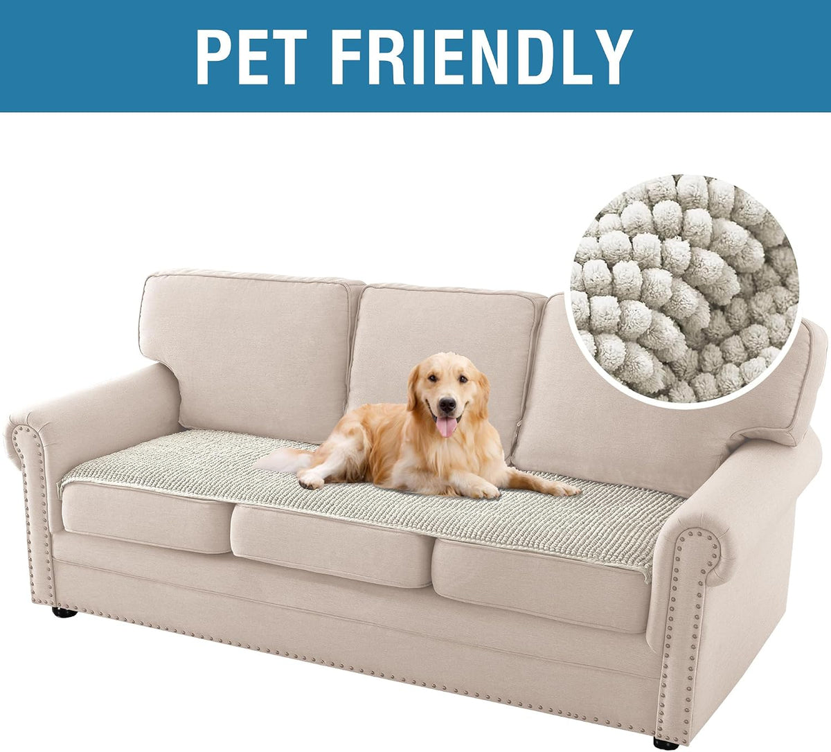 Plush Chenille Dog Bed Cover Thick Soft Sofa Cover for 3 Cushion Couch Anti Slip Couch Cover Furniture Protector for Dog, Pet, Cat (35" x 82", Ivory)