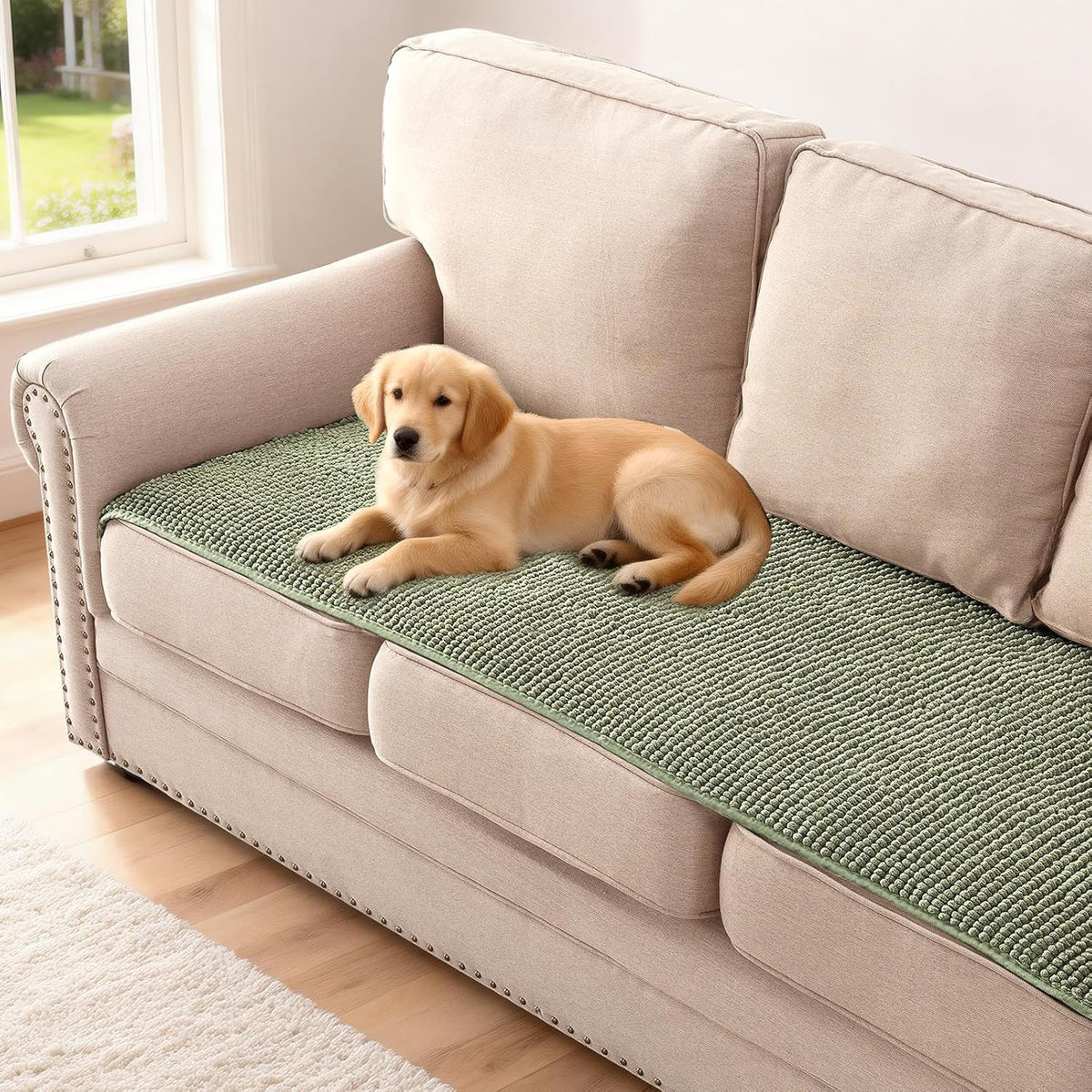 Plush Chenille Dog Bed Cover Thick Soft Sofa Cover for 3 Cushion Couch Anti Slip Couch Cover Furniture Protector for Dog, Pet, Cat (35" x 82", Ivory)