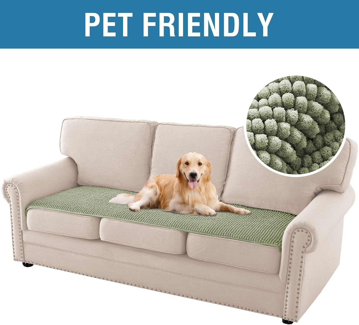 Plush Chenille Dog Bed Cover Thick Soft Sofa Cover for 3 Cushion Couch Anti Slip Couch Cover Furniture Protector for Dog, Pet, Cat (35" x 82", Ivory)