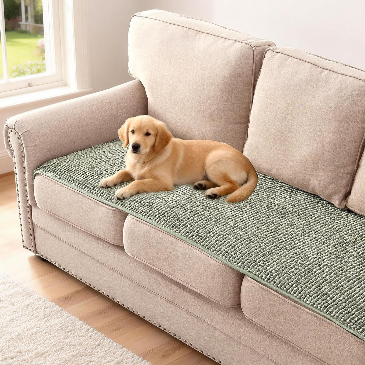 Plush Chenille Dog Bed Cover Thick Soft Sofa Cover for 3 Cushion Couch Anti Slip Couch Cover Furniture Protector for Dog, Pet, Cat (35" x 82", Ivory)