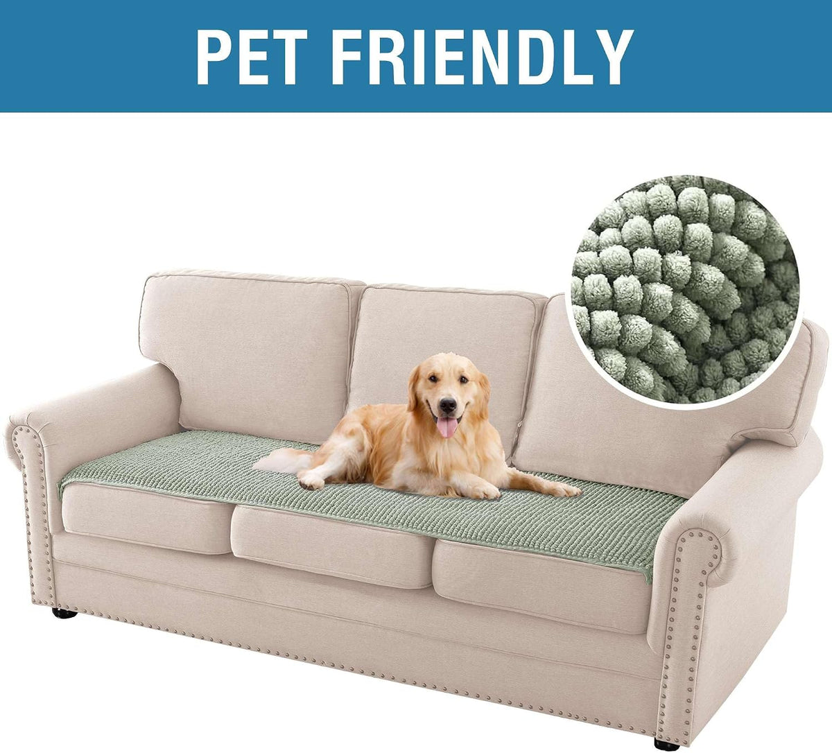 Plush Chenille Dog Bed Cover Thick Soft Sofa Cover for 3 Cushion Couch Anti Slip Couch Cover Furniture Protector for Dog, Pet, Cat (35" x 82", Ivory)