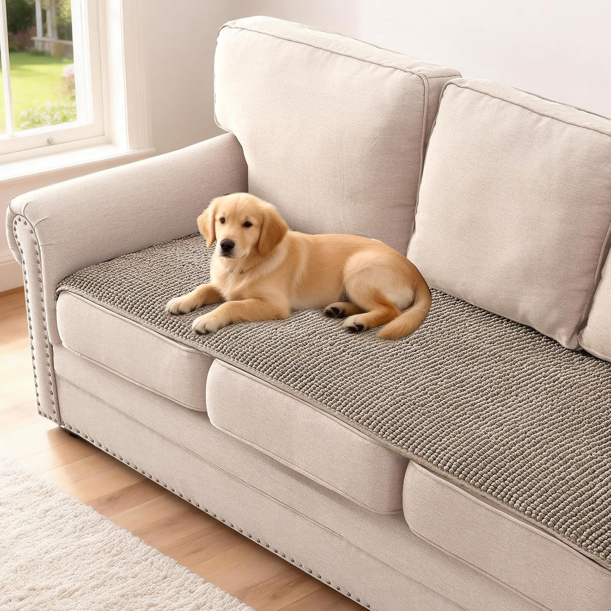 Plush Chenille Dog Bed Cover Thick Soft Sofa Cover for 3 Cushion Couch Anti Slip Couch Cover Furniture Protector for Dog, Pet, Cat (35" x 82", Ivory)