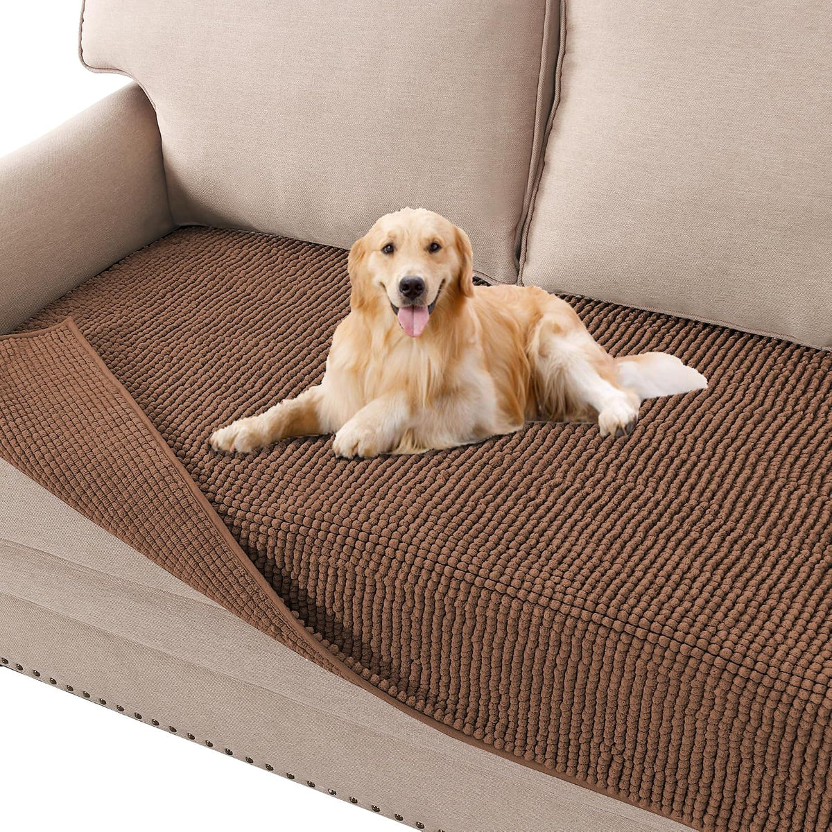 Plush Chenille Dog Bed Cover Thick Soft Sofa Cover for 3 Cushion Couch Anti Slip Couch Cover Furniture Protector for Dog, Pet, Cat (35" x 82", Ivory)