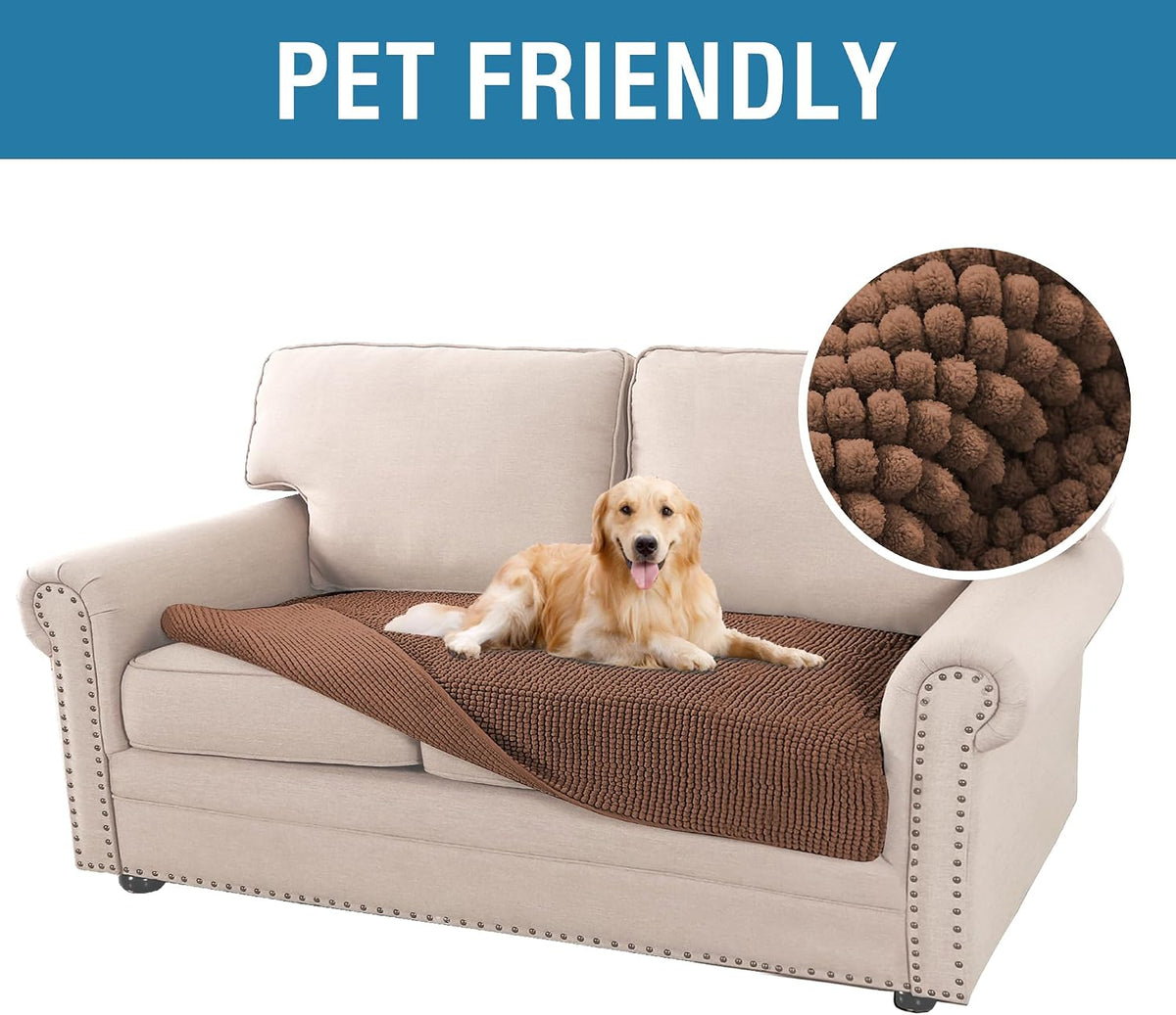 Plush Chenille Dog Bed Cover Thick Soft Sofa Cover for 3 Cushion Couch Anti Slip Couch Cover Furniture Protector for Dog, Pet, Cat (35" x 82", Ivory)