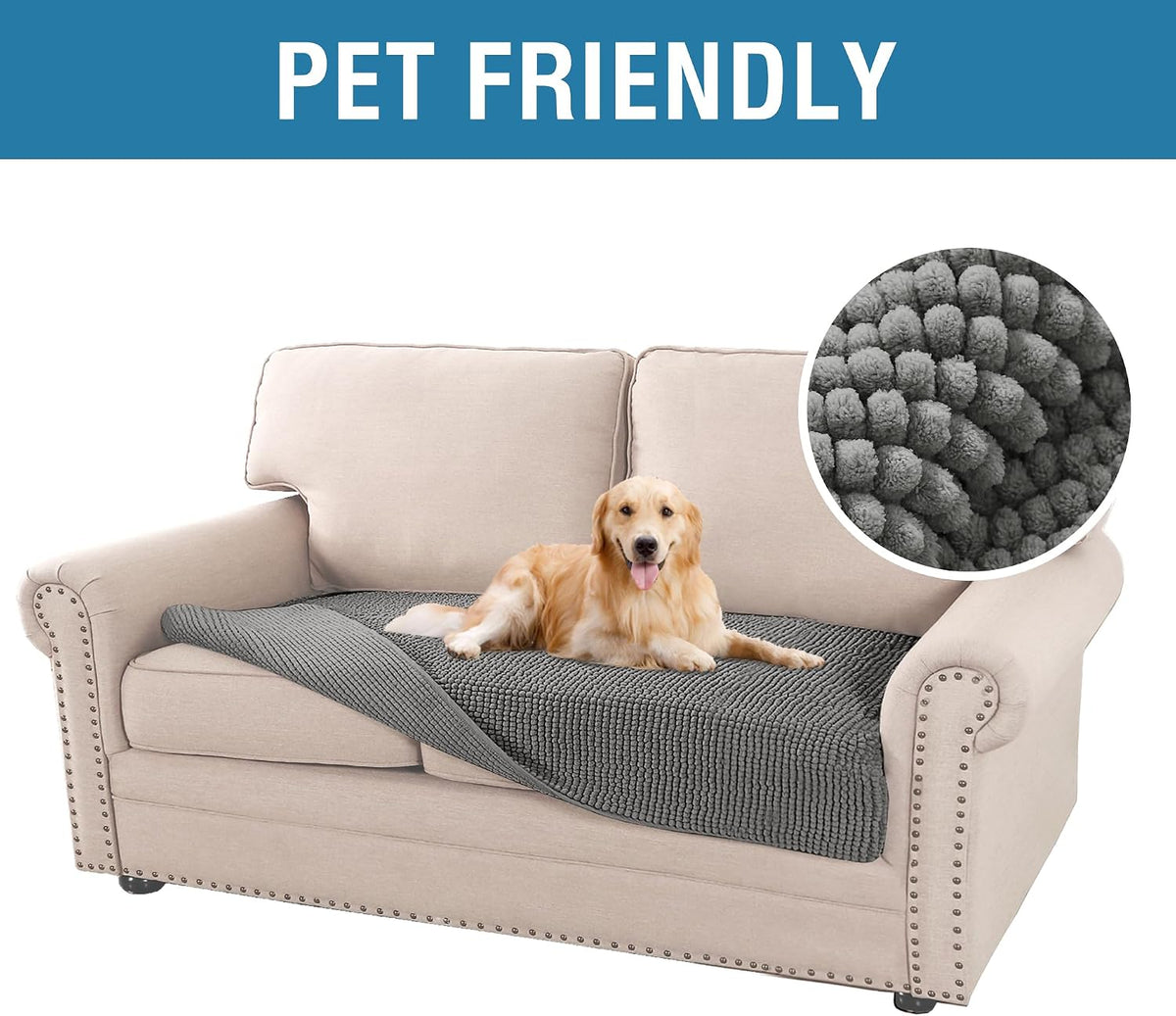 Plush Chenille Dog Bed Cover Thick Soft Sofa Cover for 3 Cushion Couch Anti Slip Couch Cover Furniture Protector for Dog, Pet, Cat (35" x 82", Ivory)