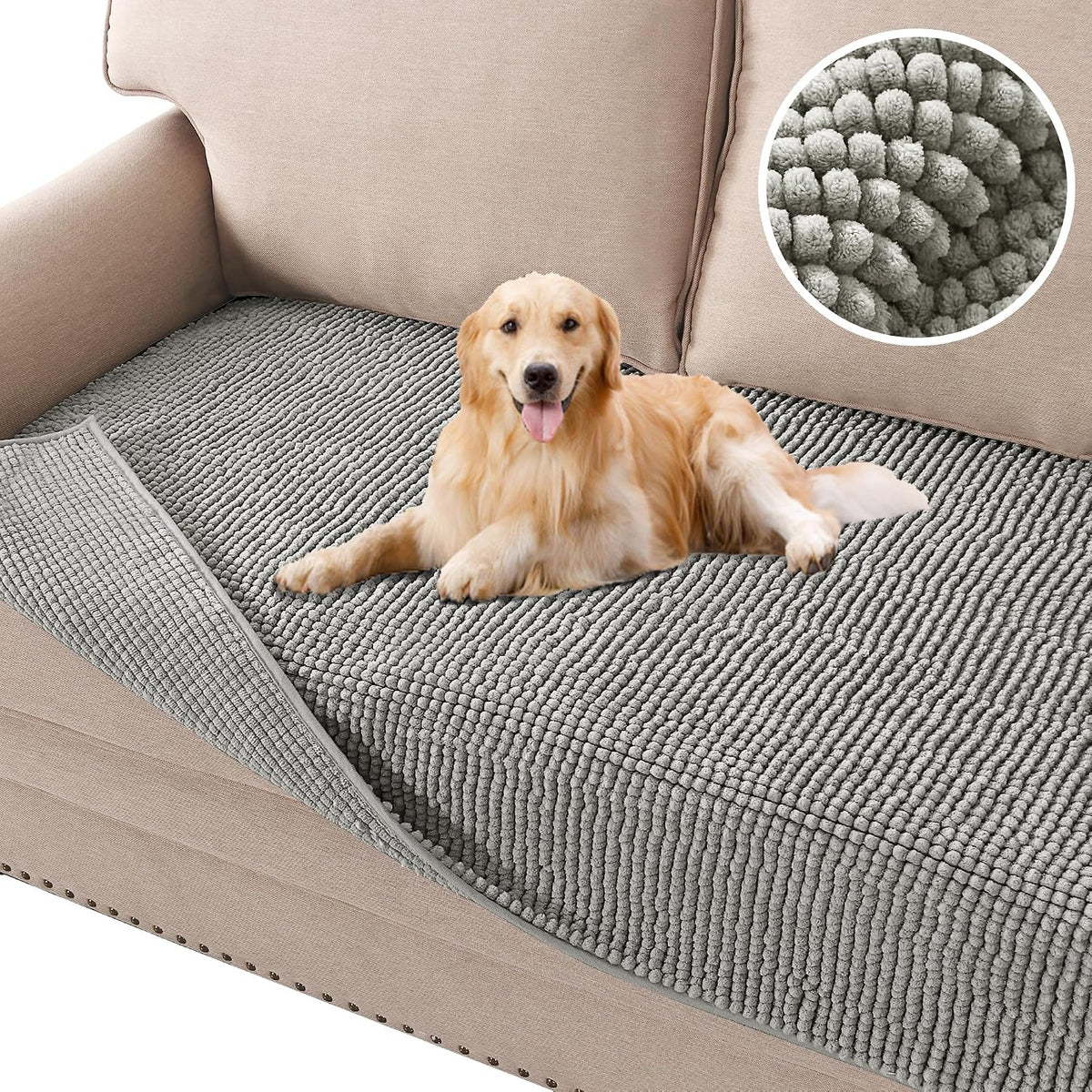 Plush Chenille Dog Bed Cover Thick Soft Sofa Cover for 3 Cushion Couch Anti Slip Couch Cover Furniture Protector for Dog, Pet, Cat (35" x 82", Ivory)