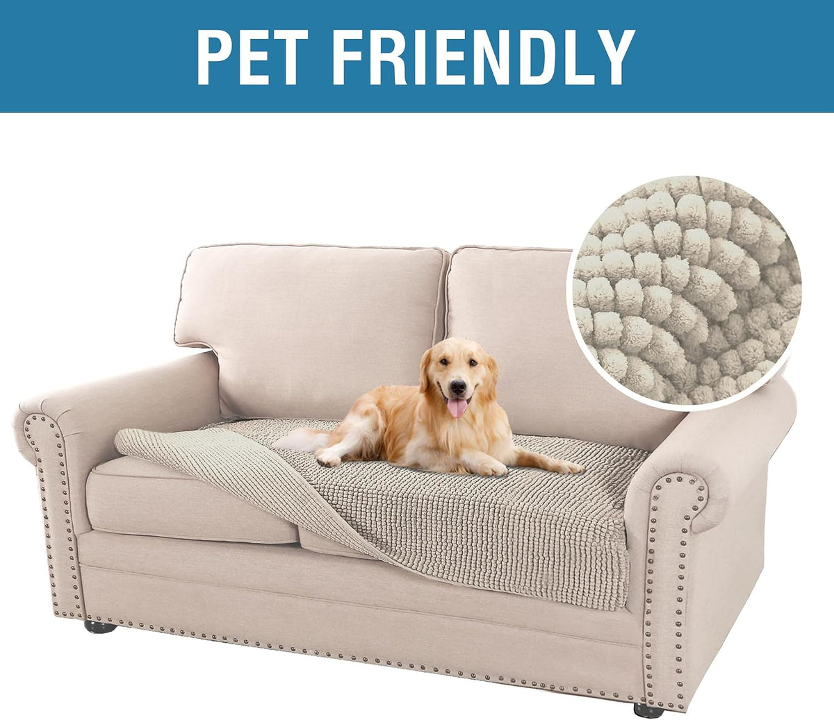 Plush Chenille Dog Bed Cover Thick Soft Sofa Cover for 3 Cushion Couch Anti Slip Couch Cover Furniture Protector for Dog, Pet, Cat (35" x 82", Ivory)