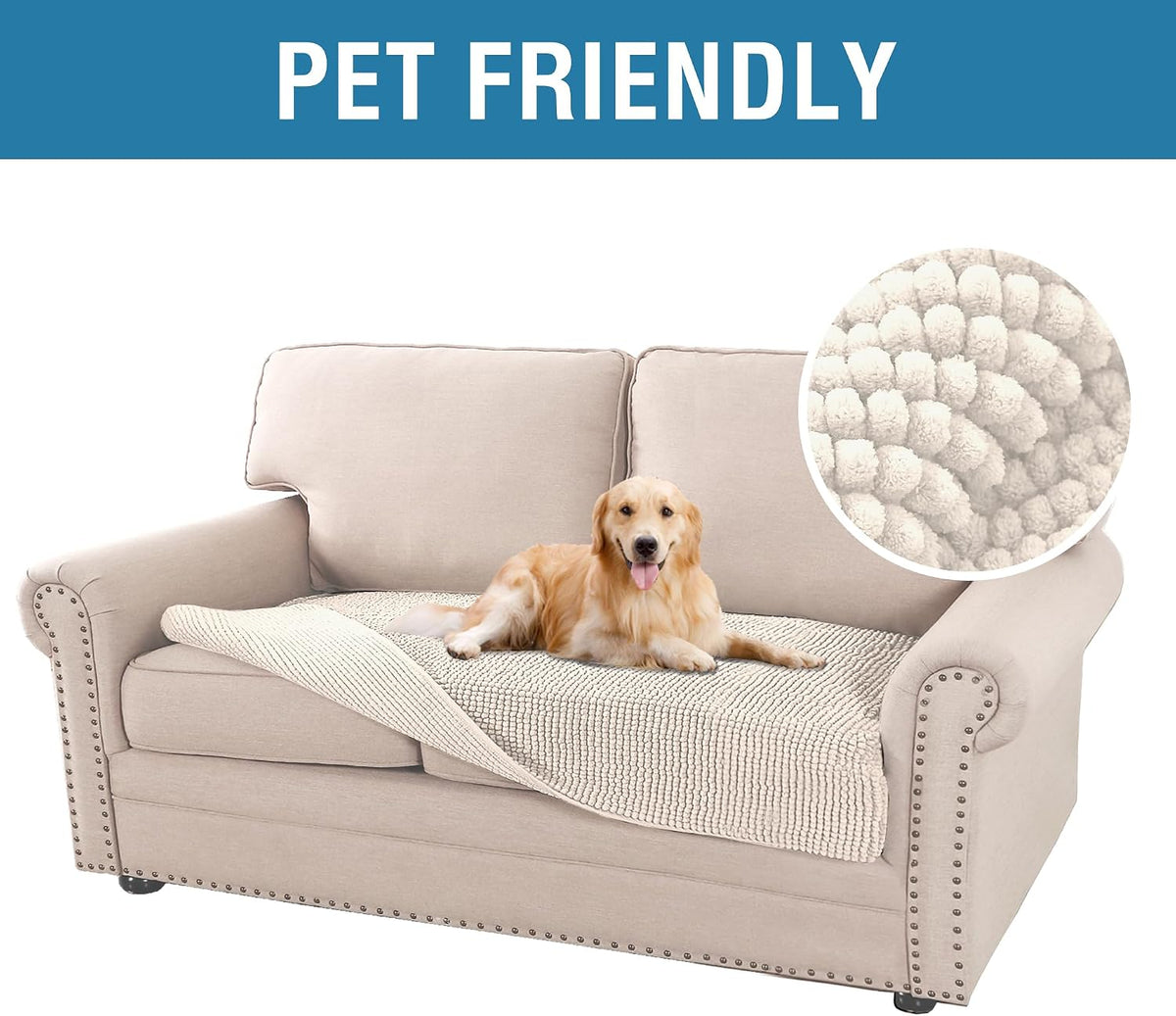 Plush Chenille Dog Bed Cover Thick Soft Sofa Cover for 3 Cushion Couch Anti Slip Couch Cover Furniture Protector for Dog, Pet, Cat (35" x 82", Ivory)