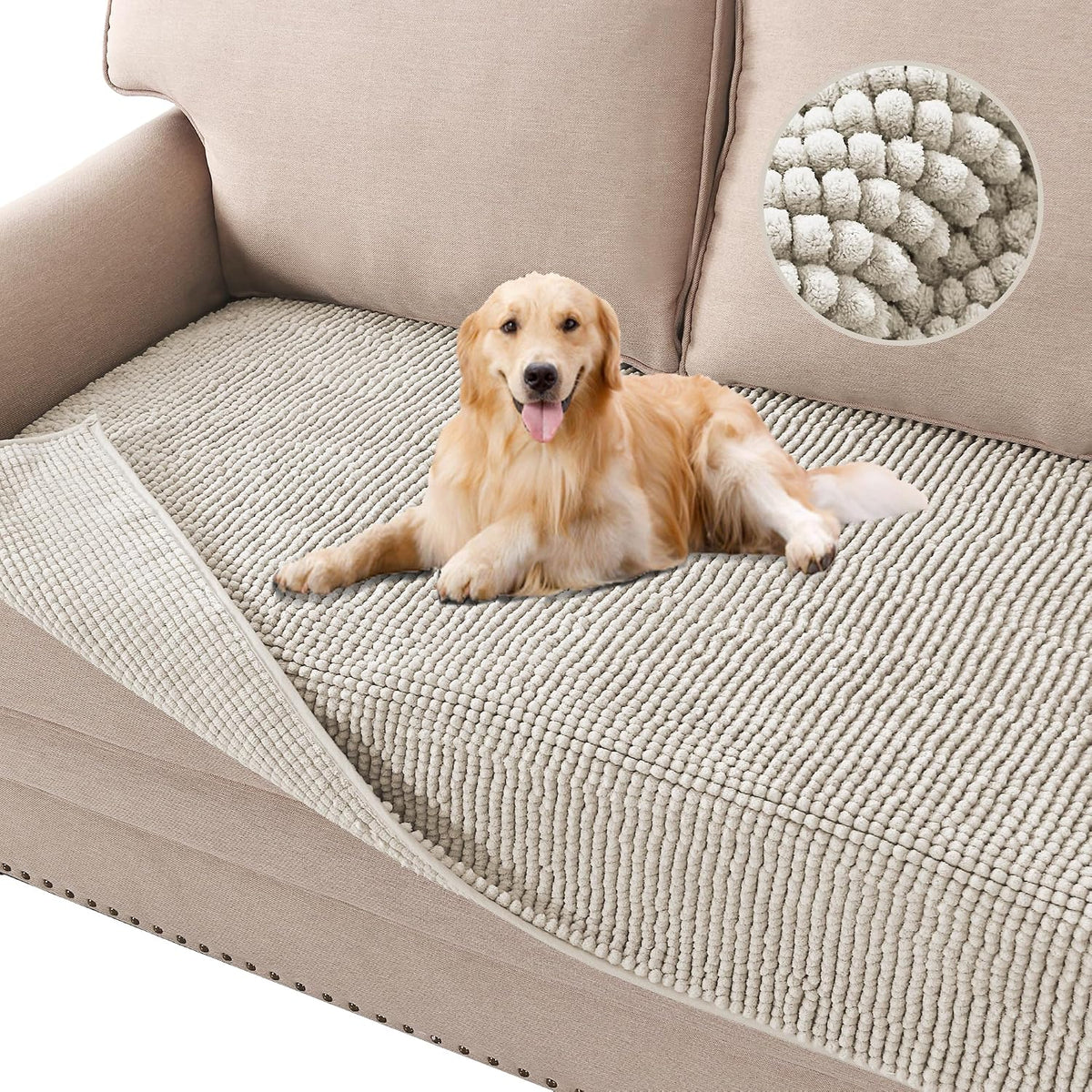 Plush Chenille Dog Bed Cover Thick Soft Sofa Cover for 3 Cushion Couch Anti Slip Couch Cover Furniture Protector for Dog, Pet, Cat (35" x 82", Ivory)