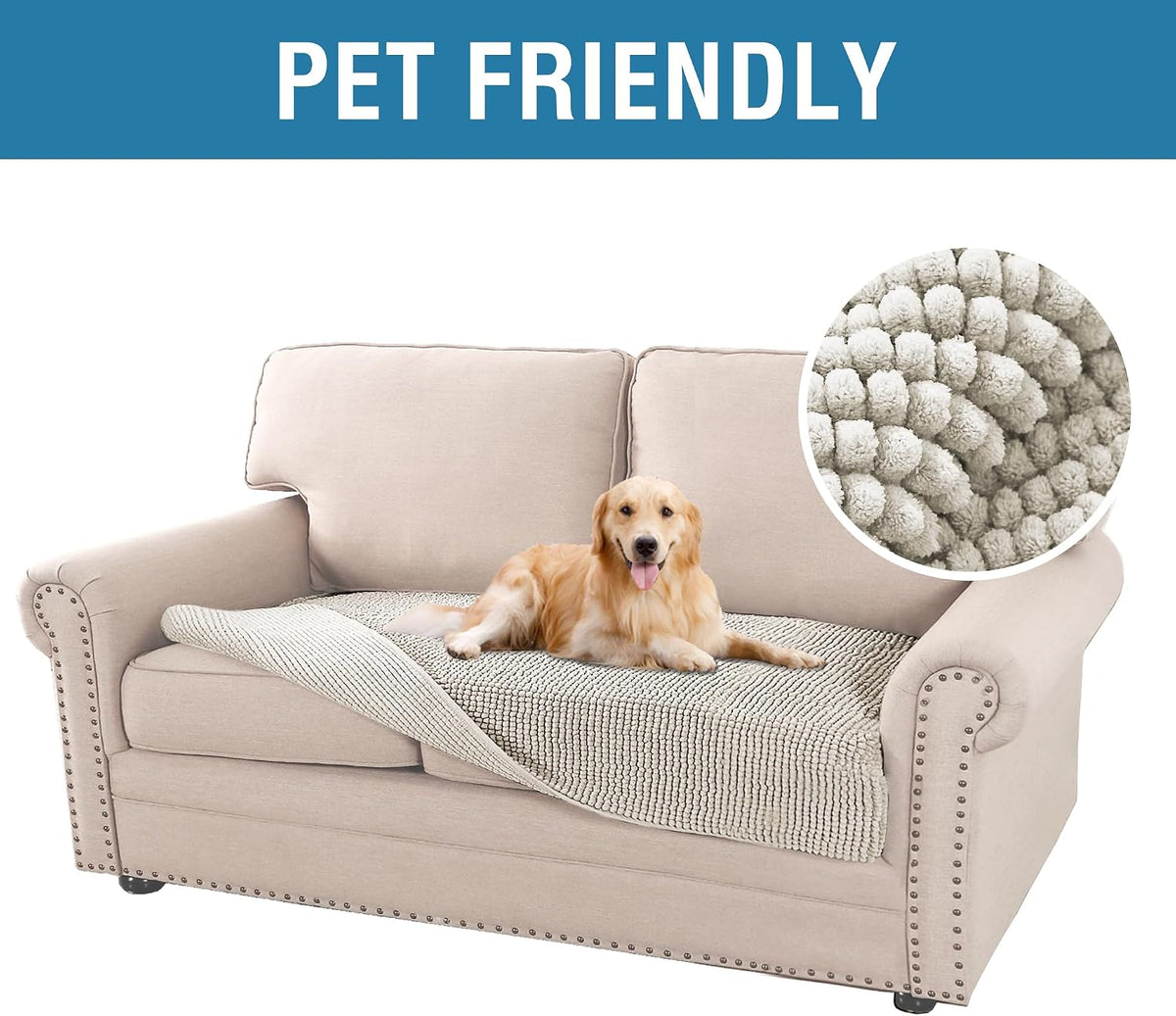 Plush Chenille Dog Bed Cover Thick Soft Sofa Cover for 3 Cushion Couch Anti Slip Couch Cover Furniture Protector for Dog, Pet, Cat (35" x 82", Ivory)
