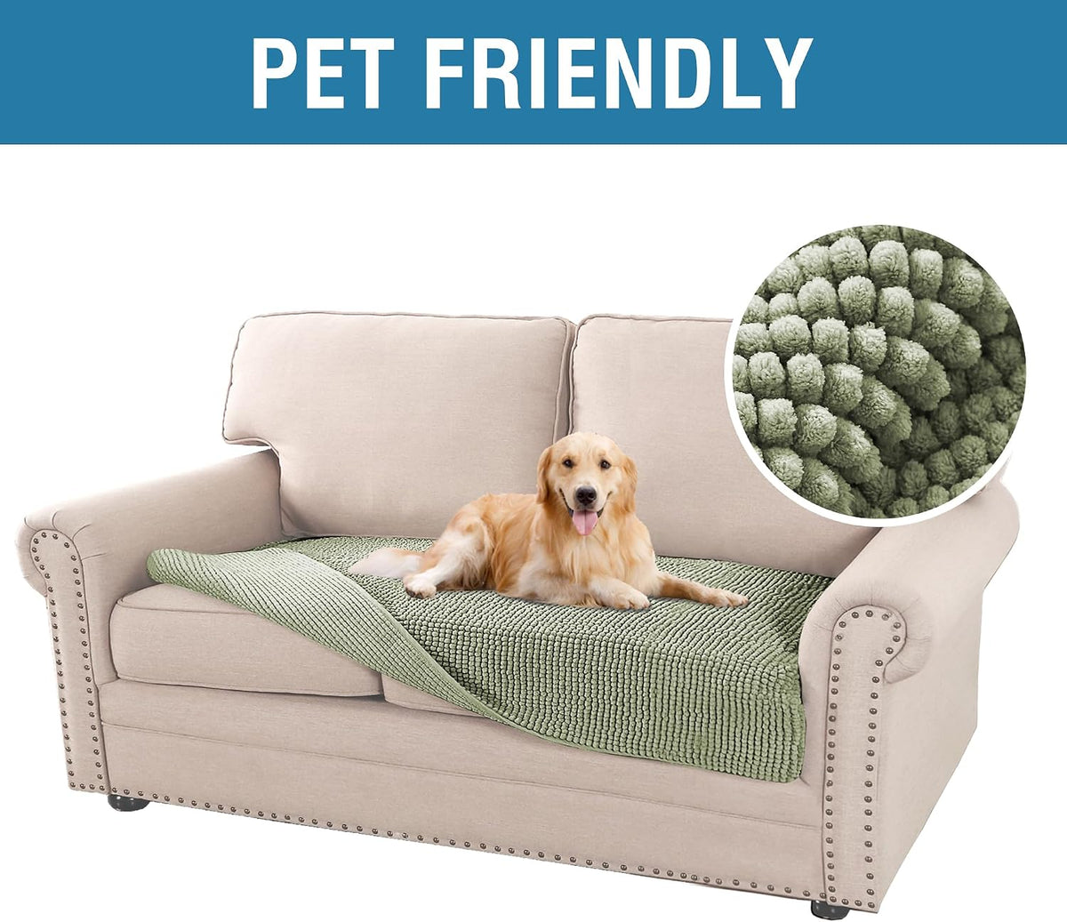 Plush Chenille Dog Bed Cover Thick Soft Sofa Cover for 3 Cushion Couch Anti Slip Couch Cover Furniture Protector for Dog, Pet, Cat (35" x 82", Ivory)