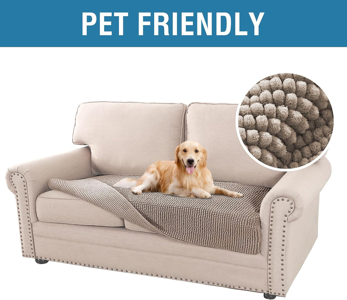Plush Chenille Dog Bed Cover Thick Soft Sofa Cover for 3 Cushion Couch Anti Slip Couch Cover Furniture Protector for Dog, Pet, Cat (35" x 82", Ivory)
