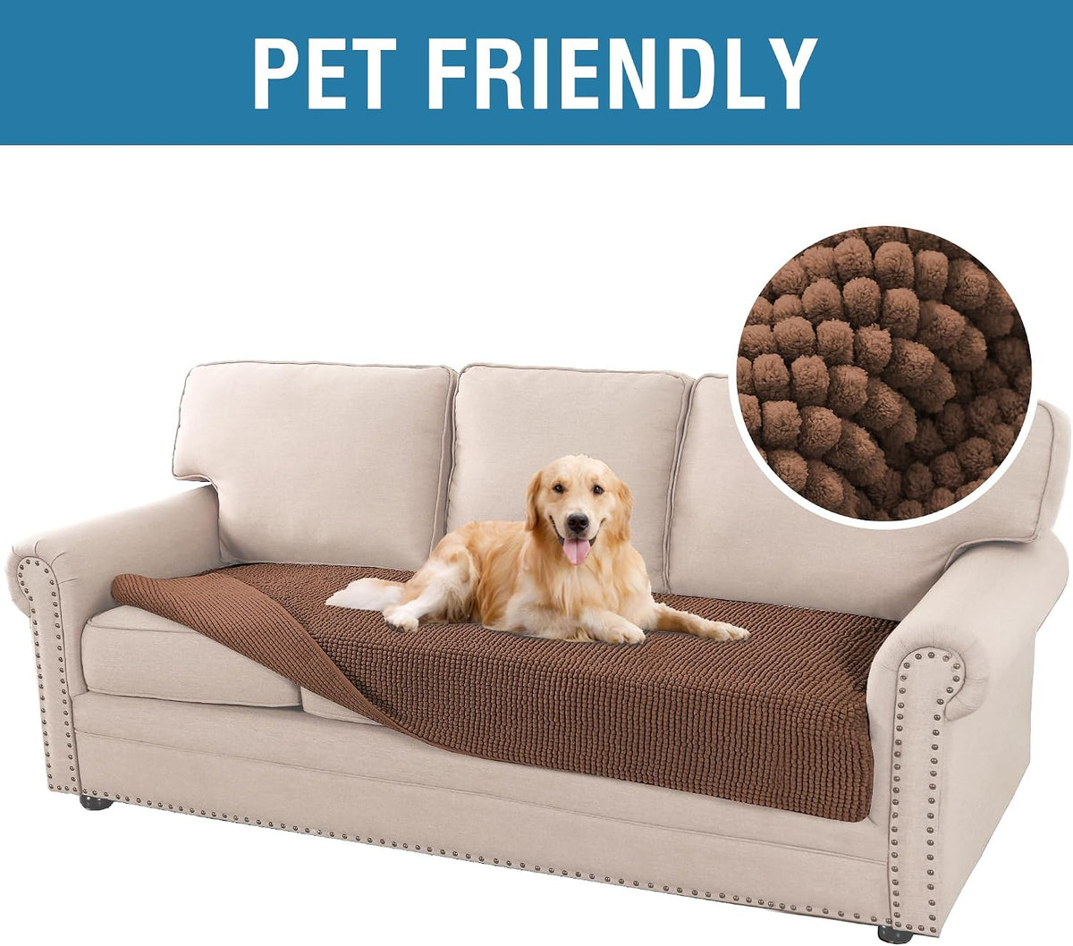 Plush Chenille Dog Bed Cover Thick Soft Sofa Cover for 3 Cushion Couch Anti Slip Couch Cover Furniture Protector for Dog, Pet, Cat (35" x 82", Ivory)