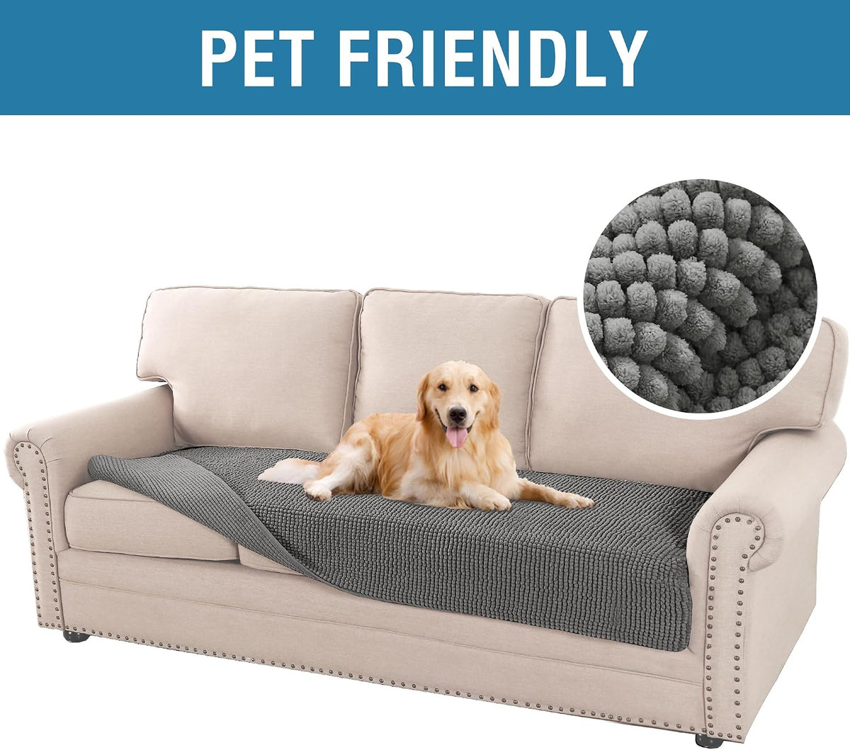 Plush Chenille Dog Bed Cover Thick Soft Sofa Cover for 3 Cushion Couch Anti Slip Couch Cover Furniture Protector for Dog, Pet, Cat (35" x 82", Ivory)