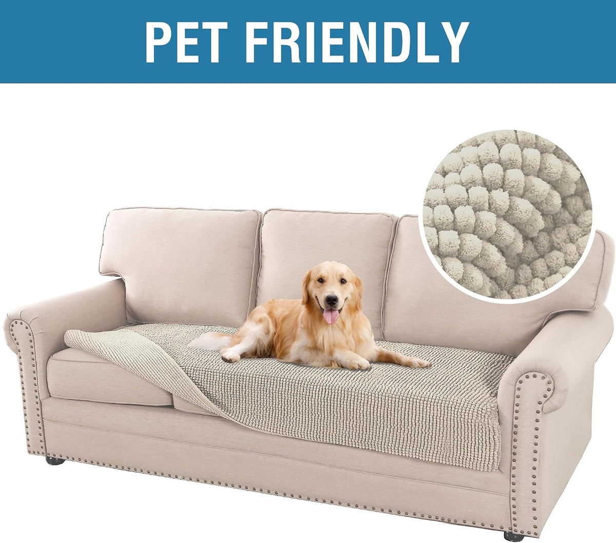 Plush Chenille Dog Bed Cover Thick Soft Sofa Cover for 3 Cushion Couch Anti Slip Couch Cover Furniture Protector for Dog, Pet, Cat (35" x 82", Ivory)