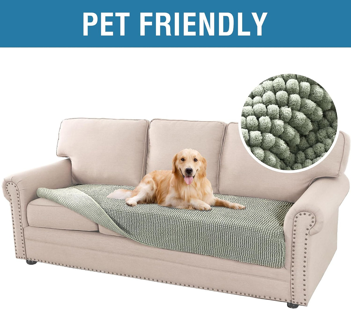 Plush Chenille Dog Bed Cover Thick Soft Sofa Cover for 3 Cushion Couch Anti Slip Couch Cover Furniture Protector for Dog, Pet, Cat (35" x 82", Ivory)