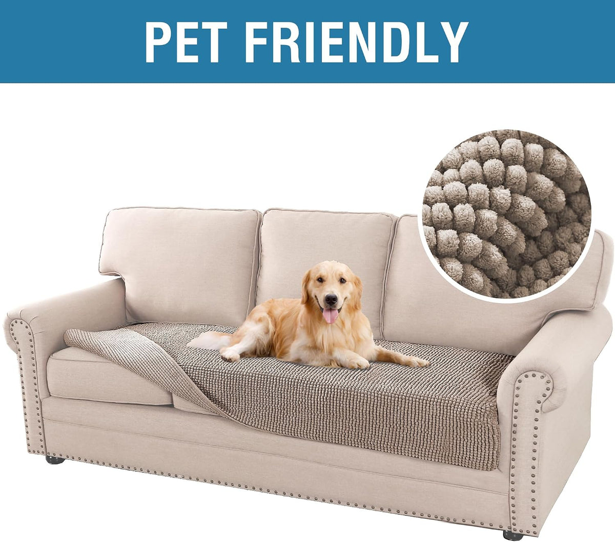 Plush Chenille Dog Bed Cover Thick Soft Sofa Cover for 3 Cushion Couch Anti Slip Couch Cover Furniture Protector for Dog, Pet, Cat (35" x 82", Ivory)