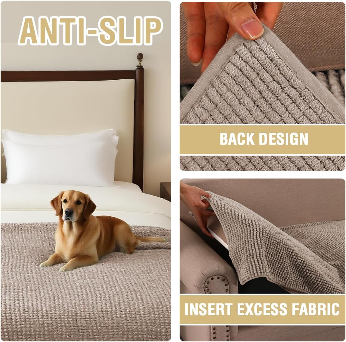 Plush Chenille Dog Bed Cover Thick Soft Sofa Cover for 3 Cushion Couch Anti Slip Couch Cover Furniture Protector for Dog, Pet, Cat (35" x 82", Ivory)