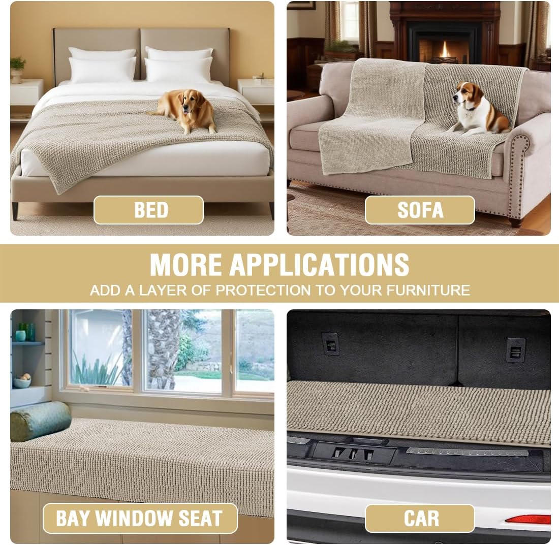 Plush Chenille Dog Bed Cover Thick Soft Sofa Cover for 3 Cushion Couch Anti Slip Couch Cover Furniture Protector for Dog, Pet, Cat (35" x 82", Ivory)