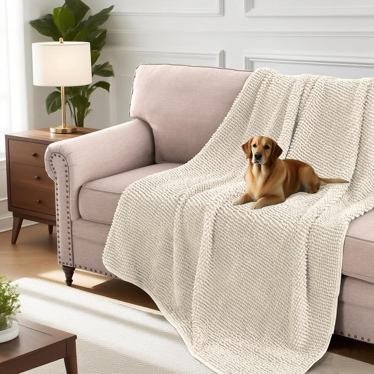 Plush Chenille Dog Bed Cover Thick Soft Sofa Cover for 3 Cushion Couch Anti Slip Couch Cover Furniture Protector for Dog, Pet, Cat (35" x 82", Ivory)