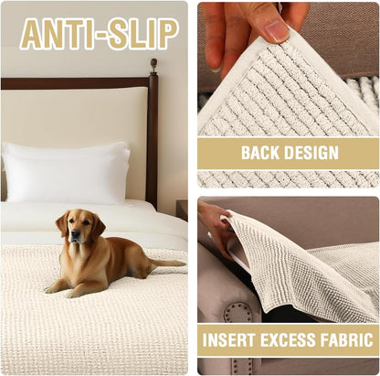 Plush Chenille Dog Bed Cover Thick Soft Sofa Cover for 3 Cushion Couch Anti Slip Couch Cover Furniture Protector for Dog, Pet, Cat (35" x 82", Ivory)