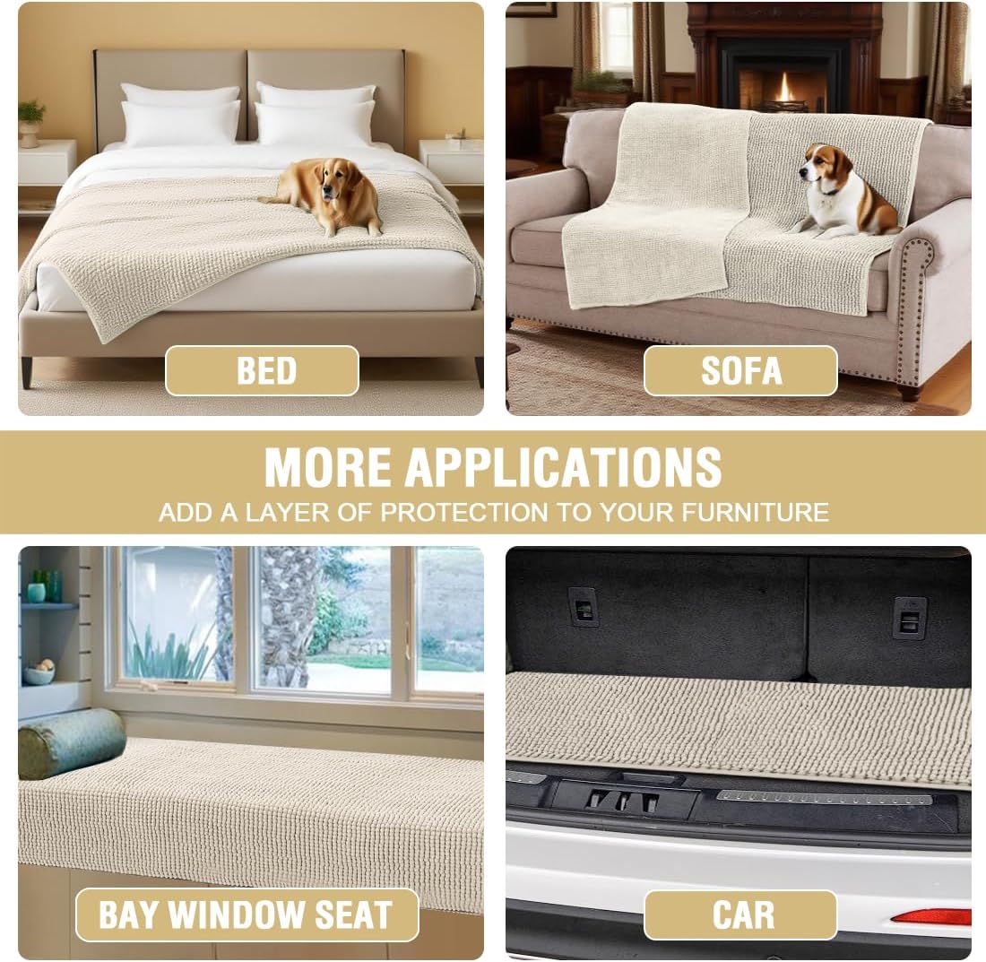 Plush Chenille Dog Bed Cover Thick Soft Sofa Cover for 3 Cushion Couch Anti Slip Couch Cover Furniture Protector for Dog, Pet, Cat (35" x 82", Ivory)