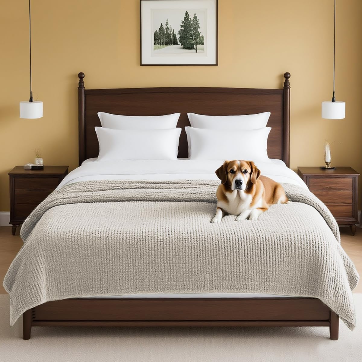 Plush Chenille Dog Bed Cover Thick Soft Sofa Cover for 3 Cushion Couch Anti Slip Couch Cover Furniture Protector for Dog, Pet, Cat (35" x 82", Ivory)
