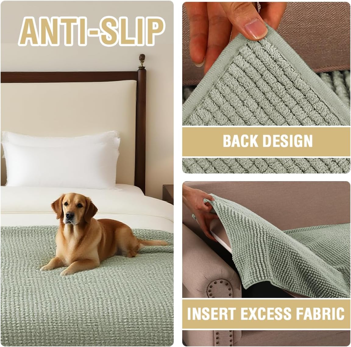 Plush Chenille Dog Bed Cover Thick Soft Sofa Cover for 3 Cushion Couch Anti Slip Couch Cover Furniture Protector for Dog, Pet, Cat (35" x 82", Ivory)