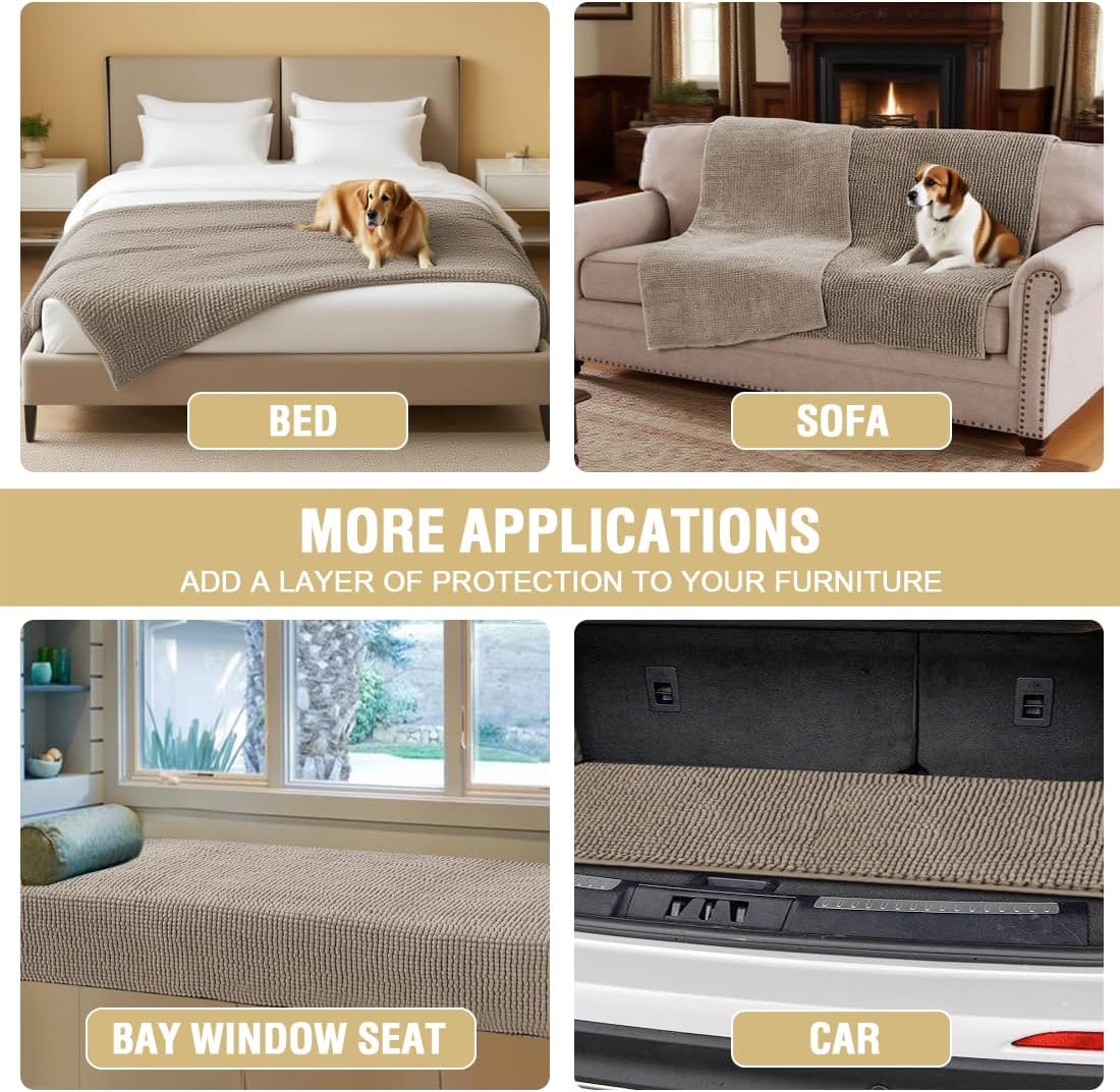 Plush Chenille Dog Bed Cover Thick Soft Sofa Cover for 3 Cushion Couch Anti Slip Couch Cover Furniture Protector for Dog, Pet, Cat (35" x 82", Ivory)