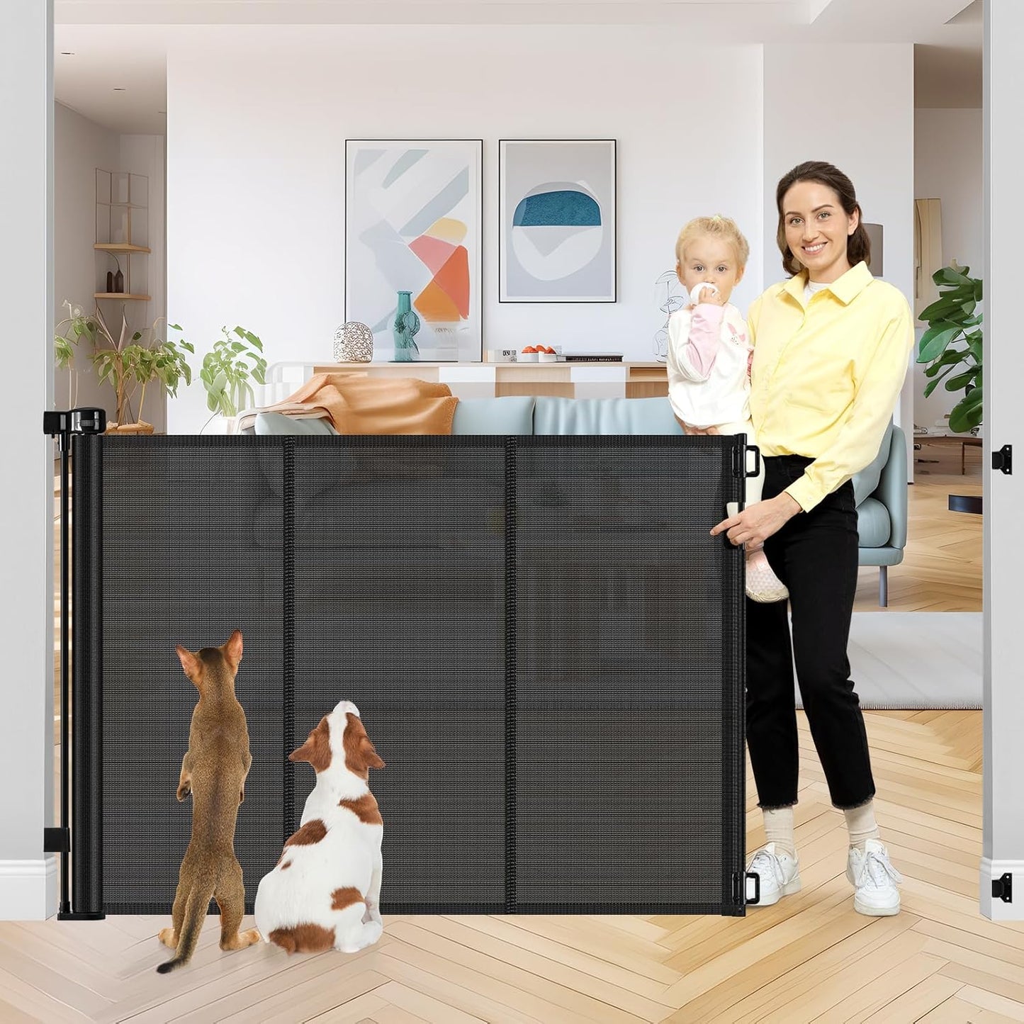 Reinforced 42" Extra Tall Retractable Dog Gate, 200" Extra Wide Baby Gate with Support Rods-Prevent Crawling Through, Outdoor/Indoor Baby Fence/Barrier/Blocker for Home, 16ft Retractable Garage Gate