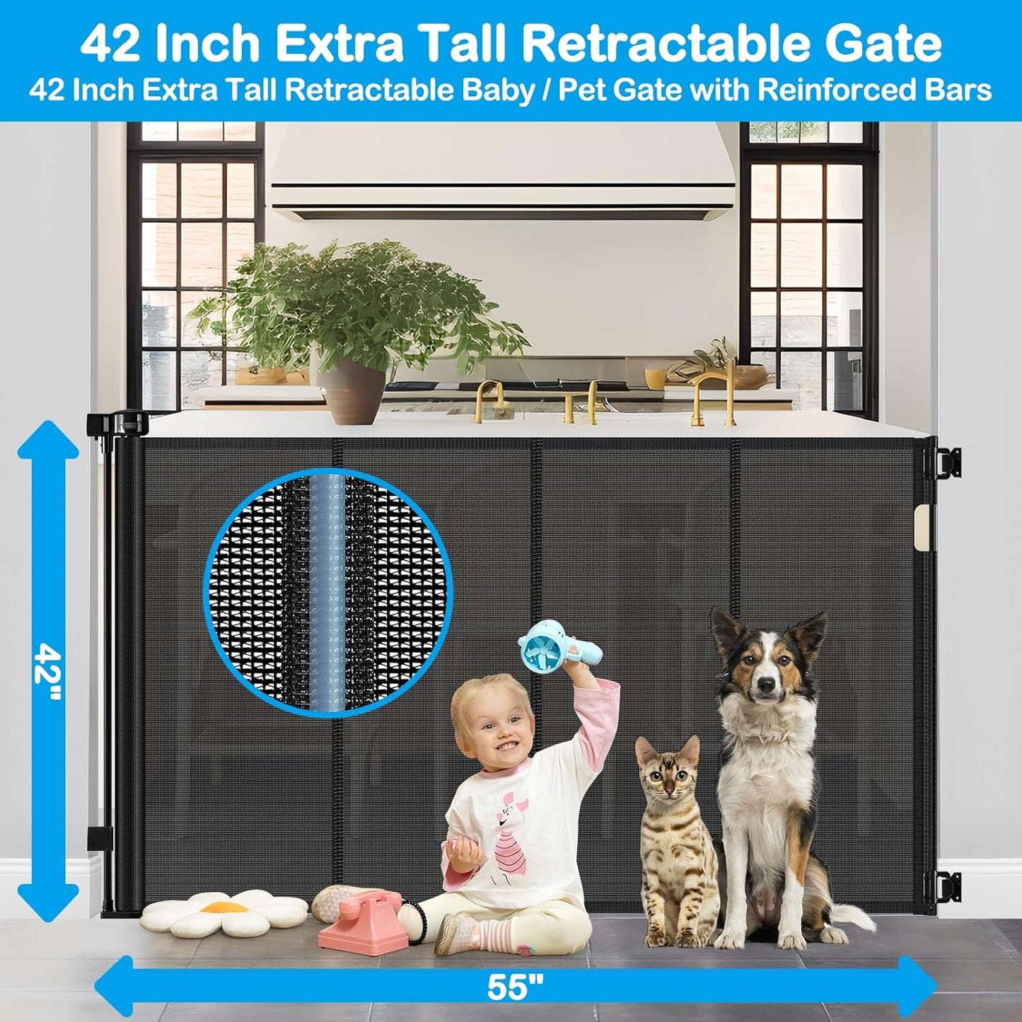 Reinforced 42" Extra Tall Retractable Dog Gate, 200" Extra Wide Baby Gate with Support Rods-Prevent Crawling Through, Outdoor/Indoor Baby Fence/Barrier/Blocker for Home, 16ft Retractable Garage Gate