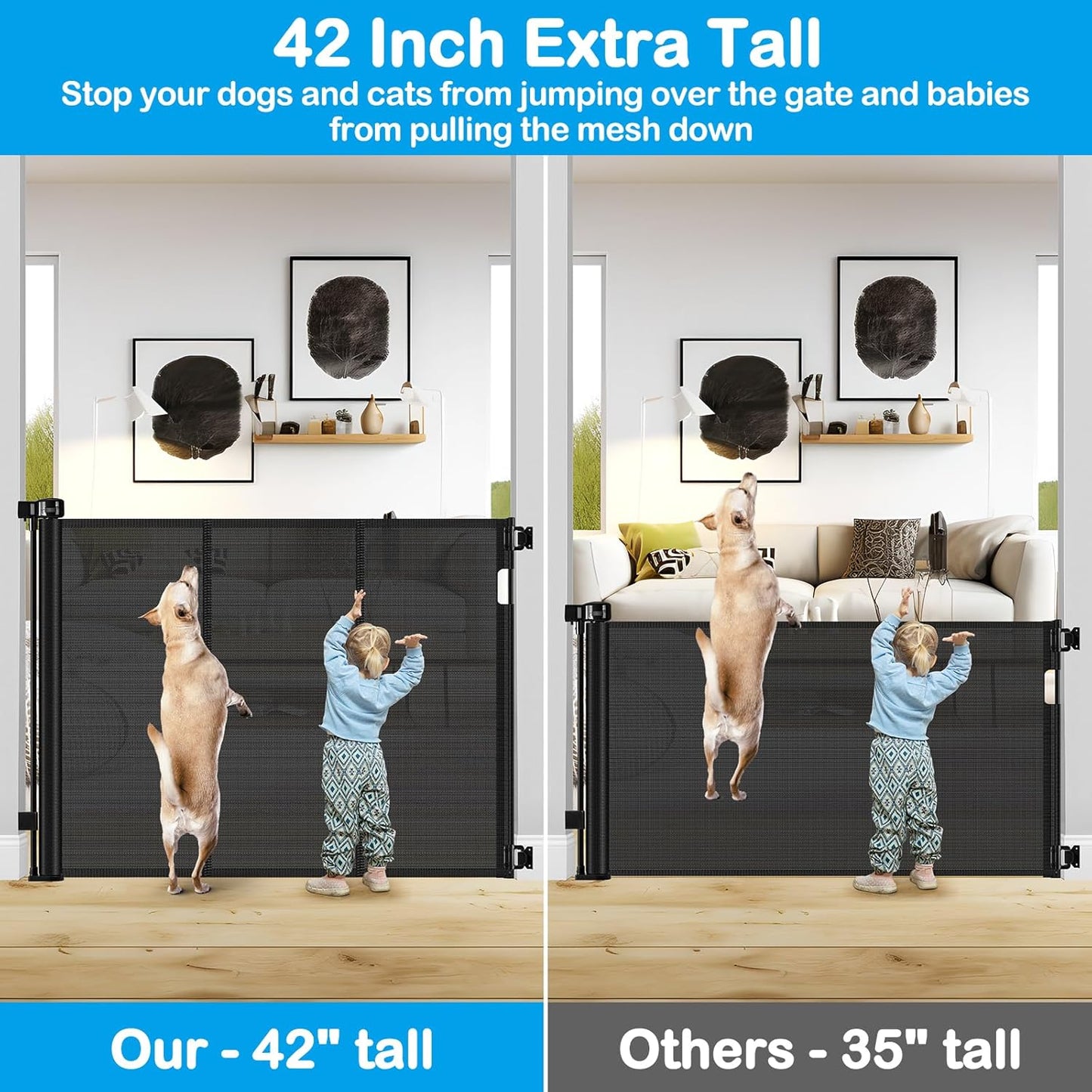 Reinforced 42" Extra Tall Retractable Dog Gate, 200" Extra Wide Baby Gate with Support Rods-Prevent Crawling Through, Outdoor/Indoor Baby Fence/Barrier/Blocker for Home, 16ft Retractable Garage Gate