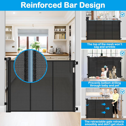 Reinforced 42" Extra Tall Retractable Dog Gate, 200" Extra Wide Baby Gate with Support Rods-Prevent Crawling Through, Outdoor/Indoor Baby Fence/Barrier/Blocker for Home, 16ft Retractable Garage Gate