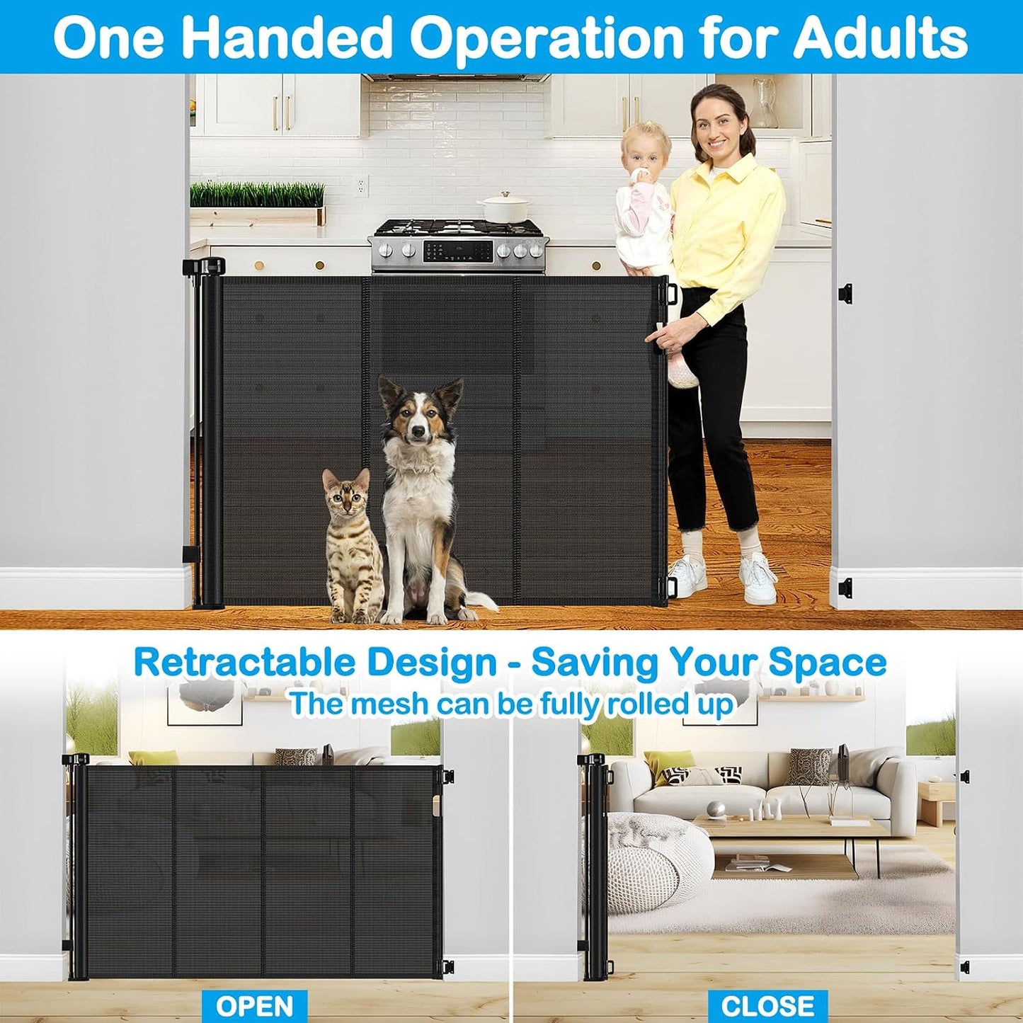 Reinforced 42" Extra Tall Retractable Dog Gate, 200" Extra Wide Baby Gate with Support Rods-Prevent Crawling Through, Outdoor/Indoor Baby Fence/Barrier/Blocker for Home, 16ft Retractable Garage Gate
