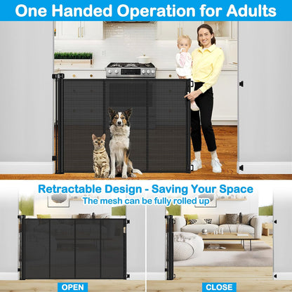 Reinforced 42" Extra Tall Retractable Dog Gate, 200" Extra Wide Baby Gate with Support Rods-Prevent Crawling Through, Outdoor/Indoor Baby Fence/Barrier/Blocker for Home, 16ft Retractable Garage Gate