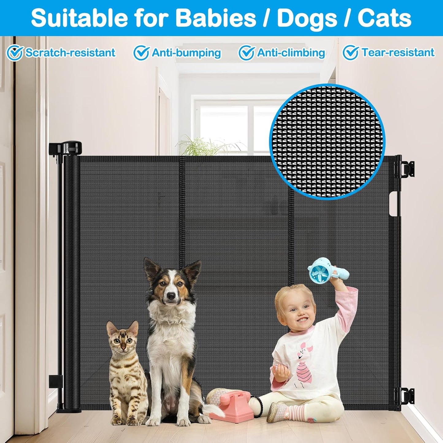 Reinforced 42" Extra Tall Retractable Dog Gate, 200" Extra Wide Baby Gate with Support Rods-Prevent Crawling Through, Outdoor/Indoor Baby Fence/Barrier/Blocker for Home, 16ft Retractable Garage Gate