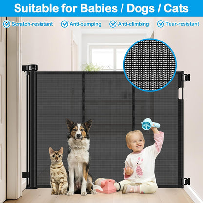 Reinforced 42" Extra Tall Retractable Dog Gate, 200" Extra Wide Baby Gate with Support Rods-Prevent Crawling Through, Outdoor/Indoor Baby Fence/Barrier/Blocker for Home, 16ft Retractable Garage Gate