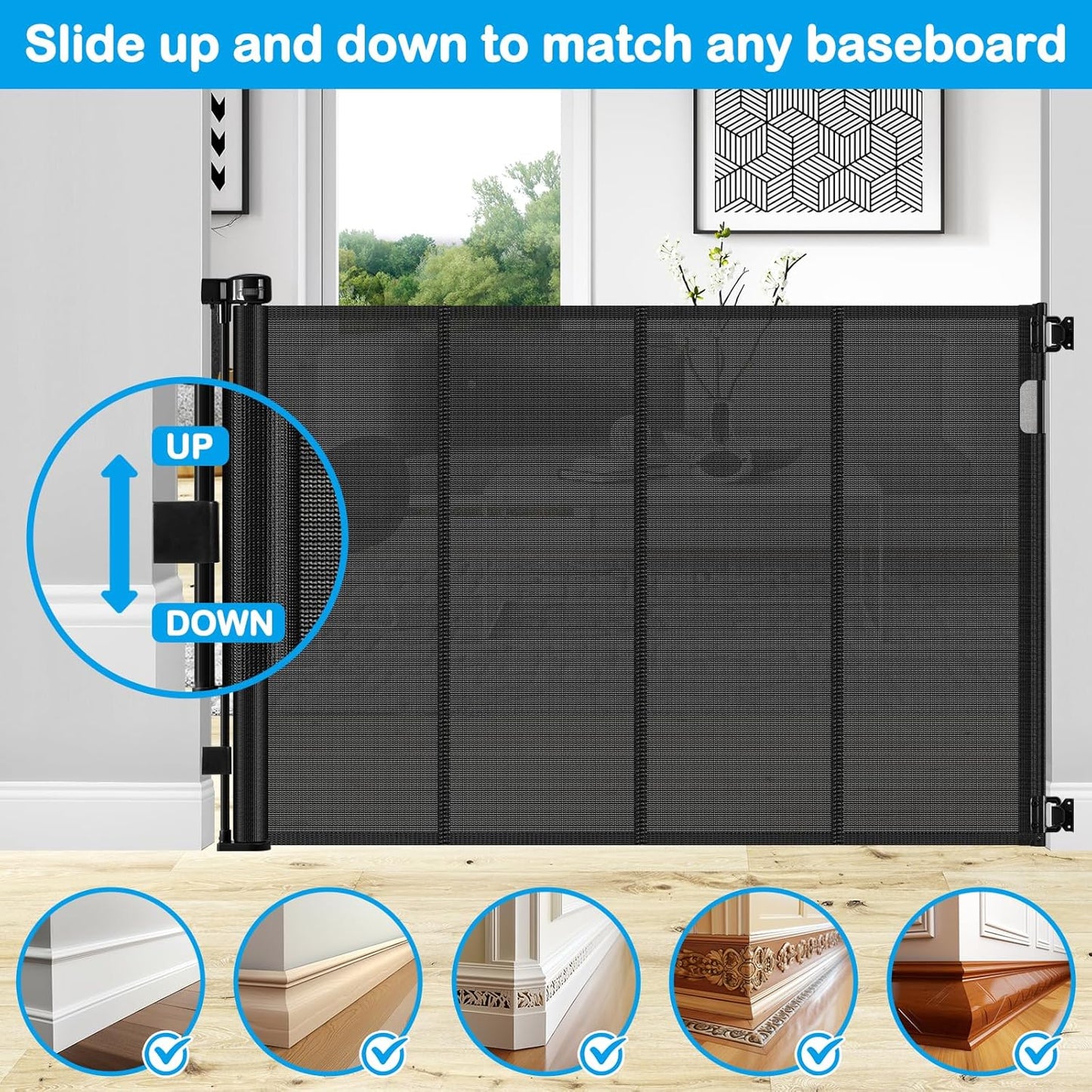 Reinforced 42" Extra Tall Retractable Dog Gate, 200" Extra Wide Baby Gate with Support Rods-Prevent Crawling Through, Outdoor/Indoor Baby Fence/Barrier/Blocker for Home, 16ft Retractable Garage Gate