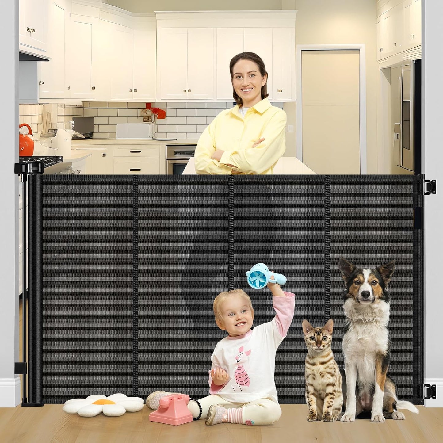 Reinforced 42" Extra Tall Retractable Dog Gate, 200" Extra Wide Baby Gate with Support Rods-Prevent Crawling Through, Outdoor/Indoor Baby Fence/Barrier/Blocker for Home, 16ft Retractable Garage Gate